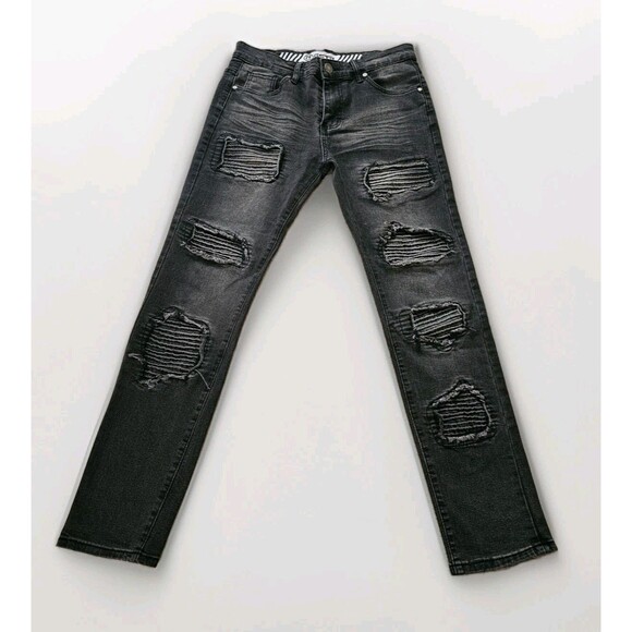 R GSTR Men's Slim Straight Stacked Ripped Patched Jeans Black Size 32 Inseam 28 - Picture 1 of 13